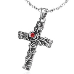 Pendentif croix latine avec rose rouge
