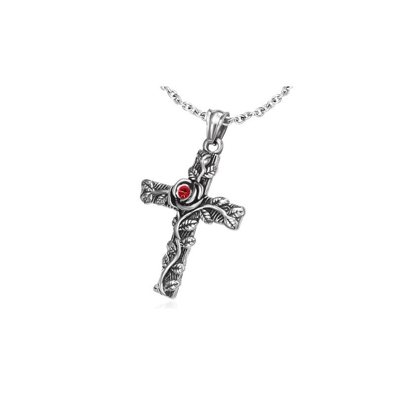 Pendentif croix latine avec rose rouge