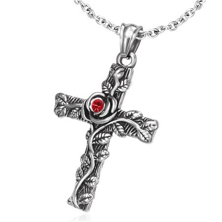 Pendentif croix latine avec rose rouge
