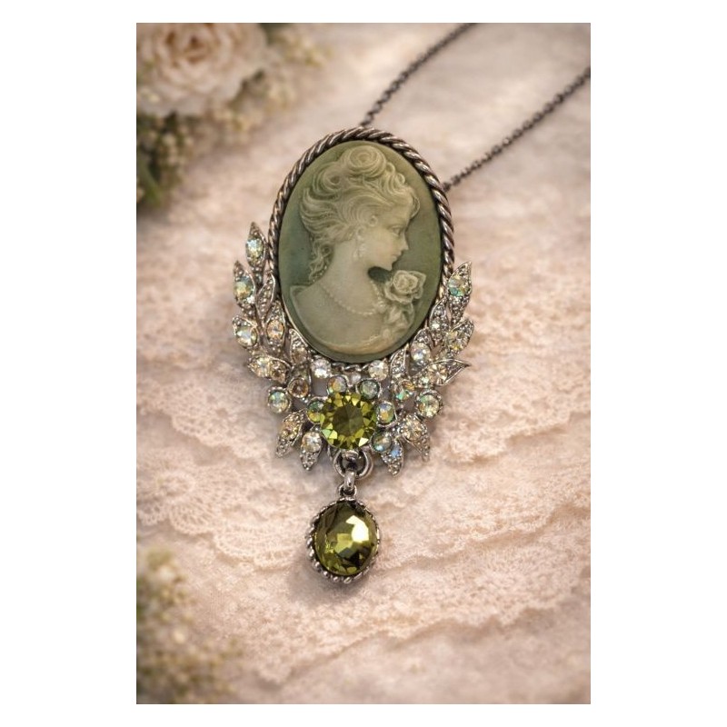 Collier broche camé vert