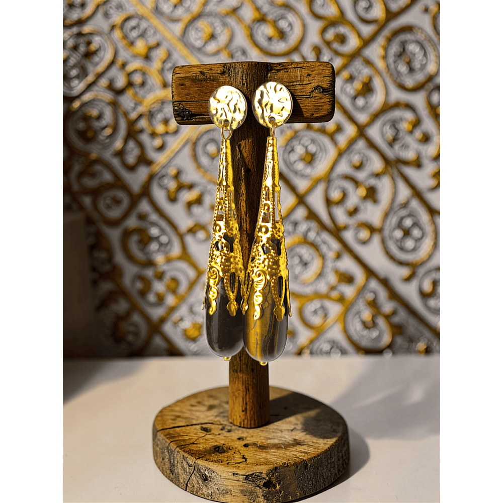 Boucles d'oreilles ZAHÏRA - Œil de tigre/Doré